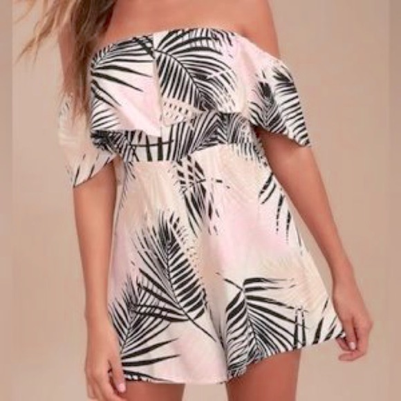 MINKPINK Pants - Mink Pink Peach, Pink, Black Palm Print Off Shoulder the Isla Romper - Size M